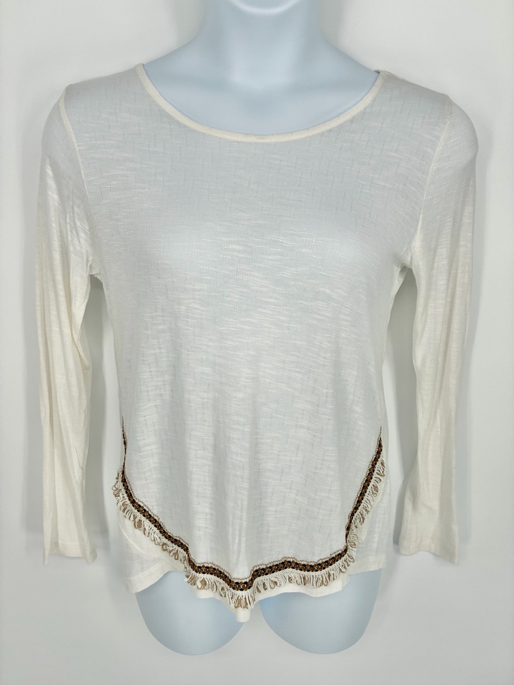 C by Charlotte Russe Ivory Fringe Trim Long Sleeve Slub Knit Top NWT Size L - Picture 6 of 12
